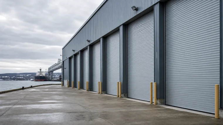 Row of steel roll-up commercial overhead doors on a lakeside building with a freighter in the distance