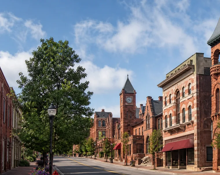 Historic red Jacobsville sandstone buildings along a downtown Marquette street